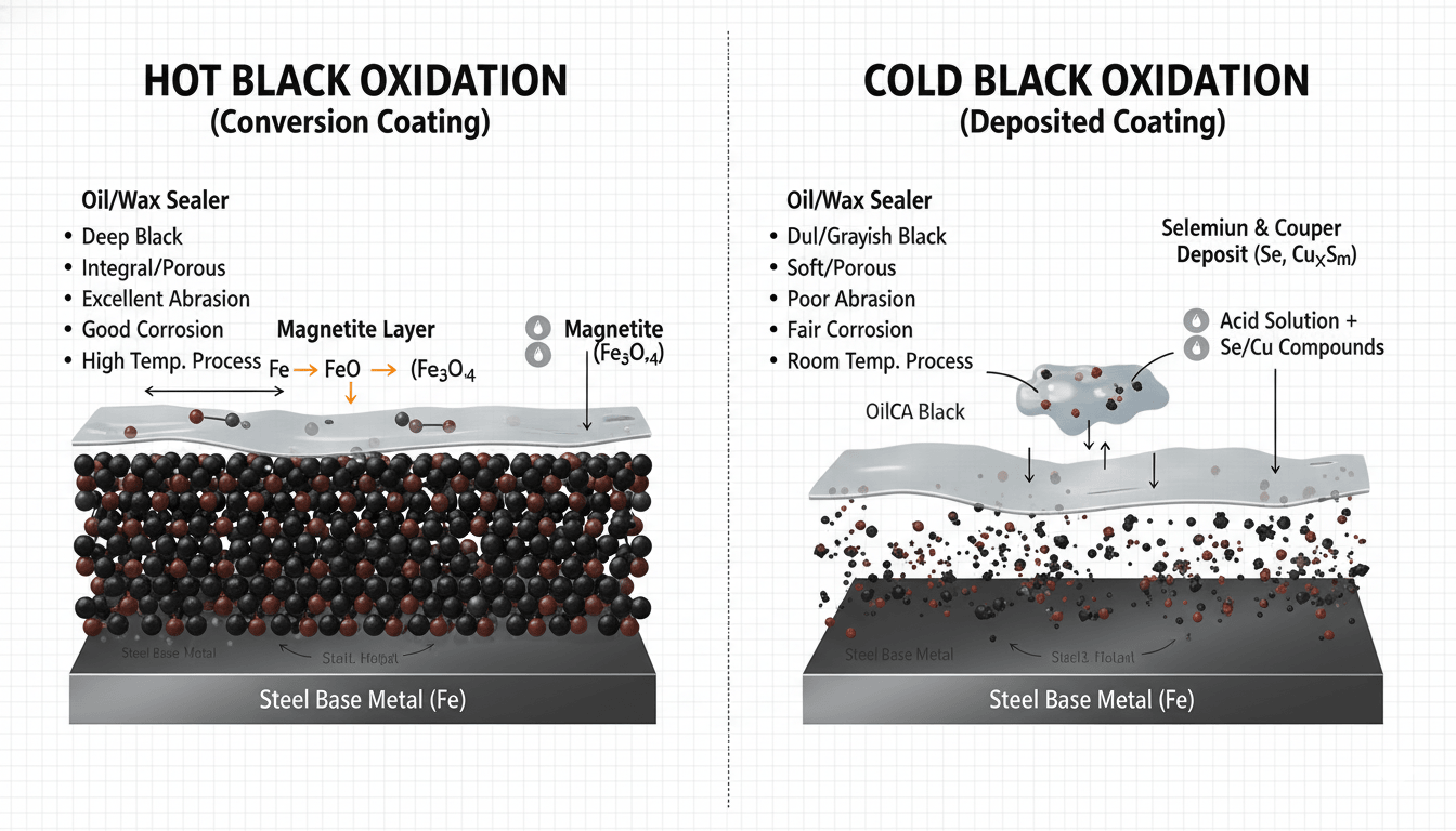 Diagram showing the molecular difference between hot and cold black oxidation layers