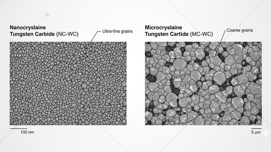 A close-up comparison of nanocrystalline and microcrystalline tungsten carbide structures