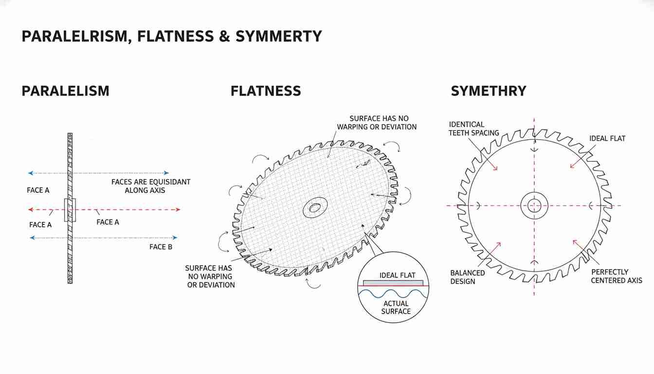 Parallelism, flatness, and symmetry of industrial circular blades