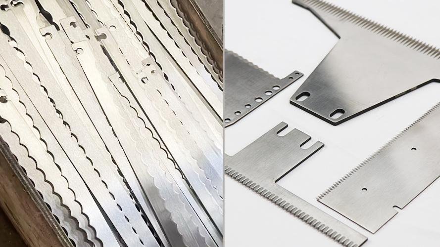 A close-up comparison of a powdered steel blade and a stainless steel blade