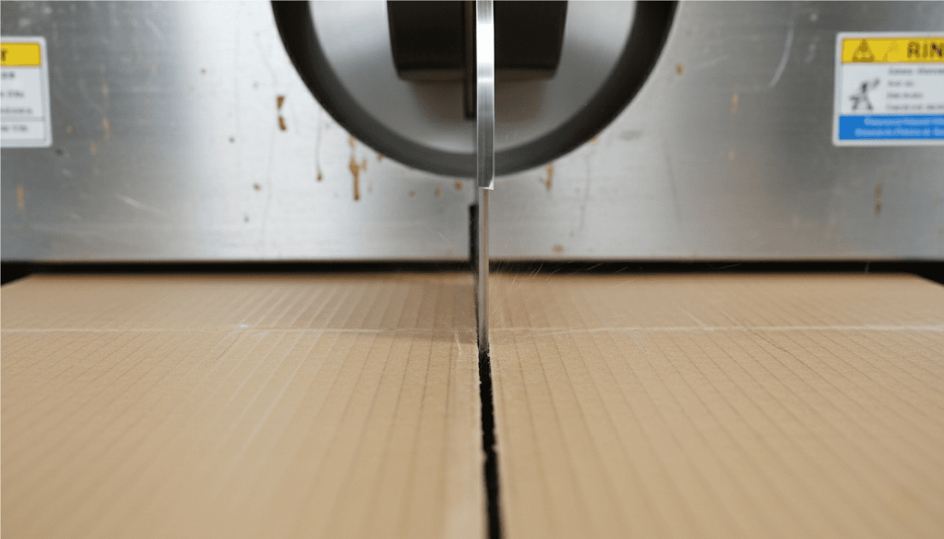 A close-up of a right-angle blade making a clean, perpendicular cut in corrugated cardboard