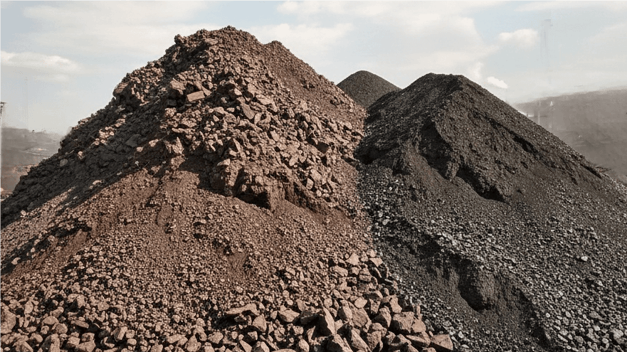 Piles of raw iron ore and carbon, the basic ingredients for carbon steel.