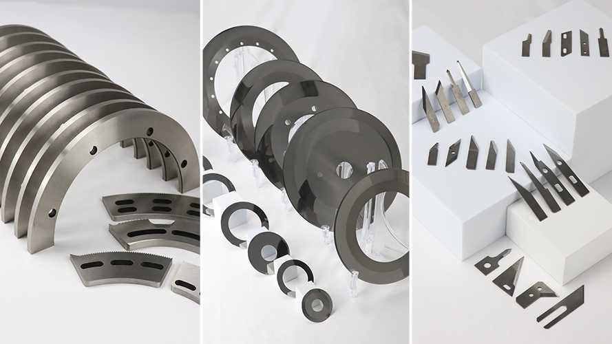 A collection of different carbide blades with varying geometries