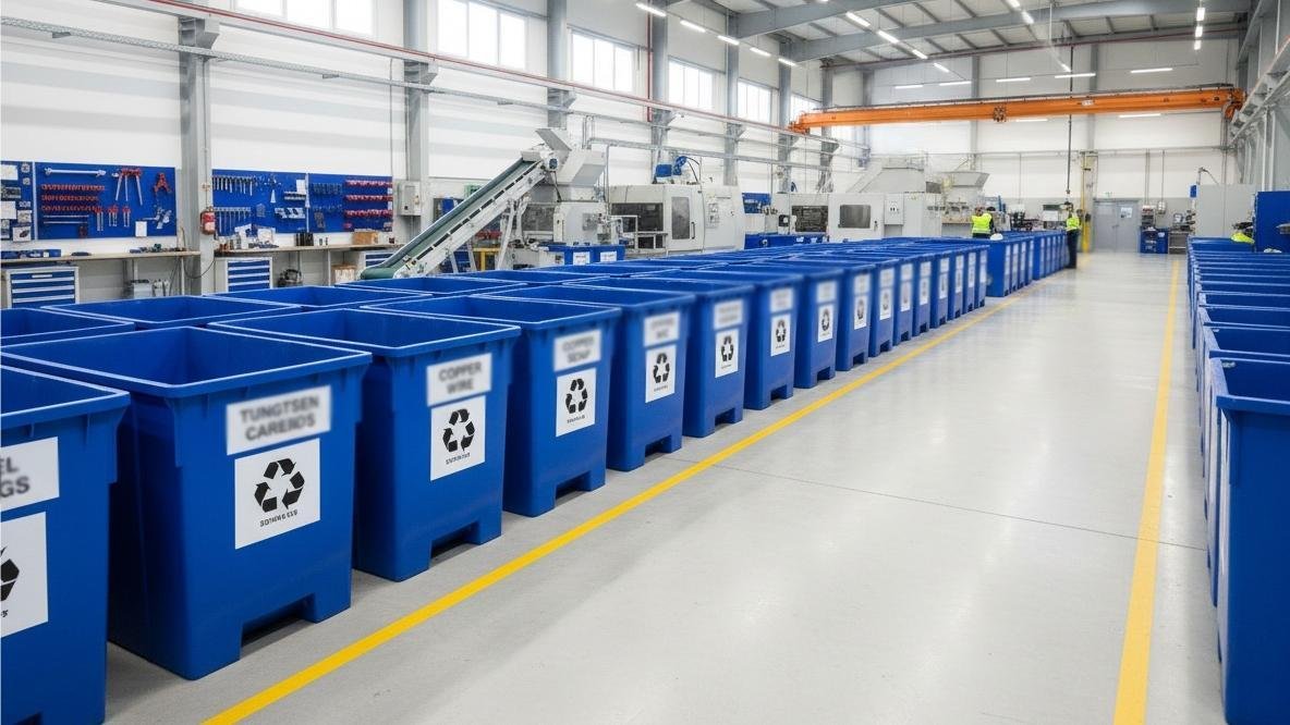 Clean and organized factory floor with clearly marked recycling bins