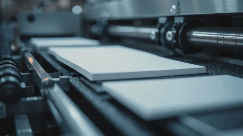 A guillotine paper cutter with a sharp blade cutting a stack of paper.
