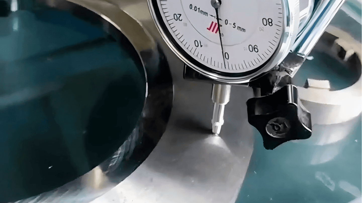 A quality control expert inspecting an industrial blade with precision tools