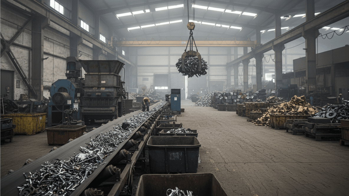 Industrial recycling facility with machinery for processing metal