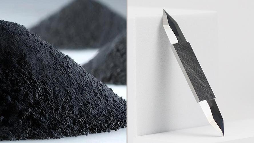A visual comparison of raw tungsten metal versus a finished tungsten carbide blade