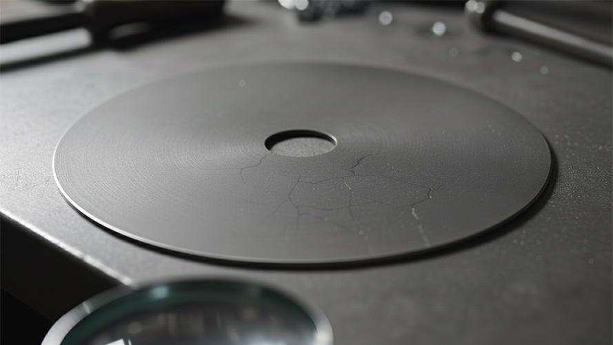 A cracked tungsten carbide blade next to a warning symbol