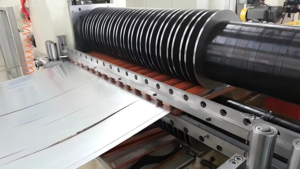 An industrial slitting machine running smoothly with durable, honed blades.